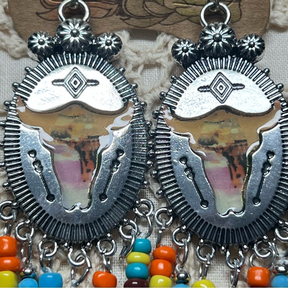 Justin Western Longhorn Skull Beaded Fringe Earrings|Cowgirl Rodeo|NWT - Picture 6 of 7